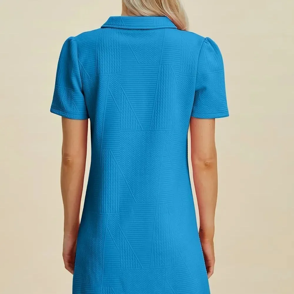 Cute Casual Colorful Work Wear Collared Texture Blue Women's Dress